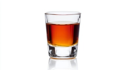 A shot of bourbon served neat in a small glass, isolated on a white background