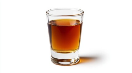 A shot of bourbon served neat in a small glass, isolated on a white background