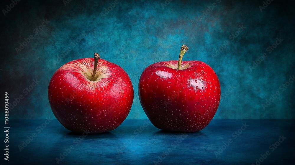 Poster two red apples on a blue background, illuminated by soft light, creating a simple and elegant compos