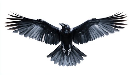 Naklejka premium A sleek raven flying through the sky, its wings spread wide, isolated on a white background