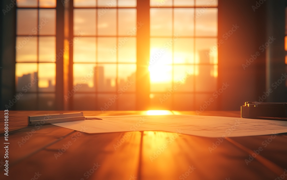 Poster a serene sunset casts warm light over a table, illuminating scattered papers and a ruler, creating a