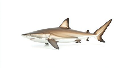 Fototapeta premium A sleek shark swimming forward, its fin cutting through the water, isolated on a white background