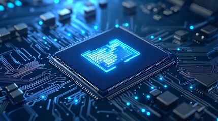  Light Blue CPU on Technology Dark Background, Abstract Digital

