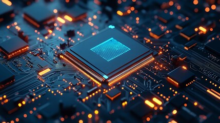  Light Blue CPU on Technology Dark Background, Abstract Digital

