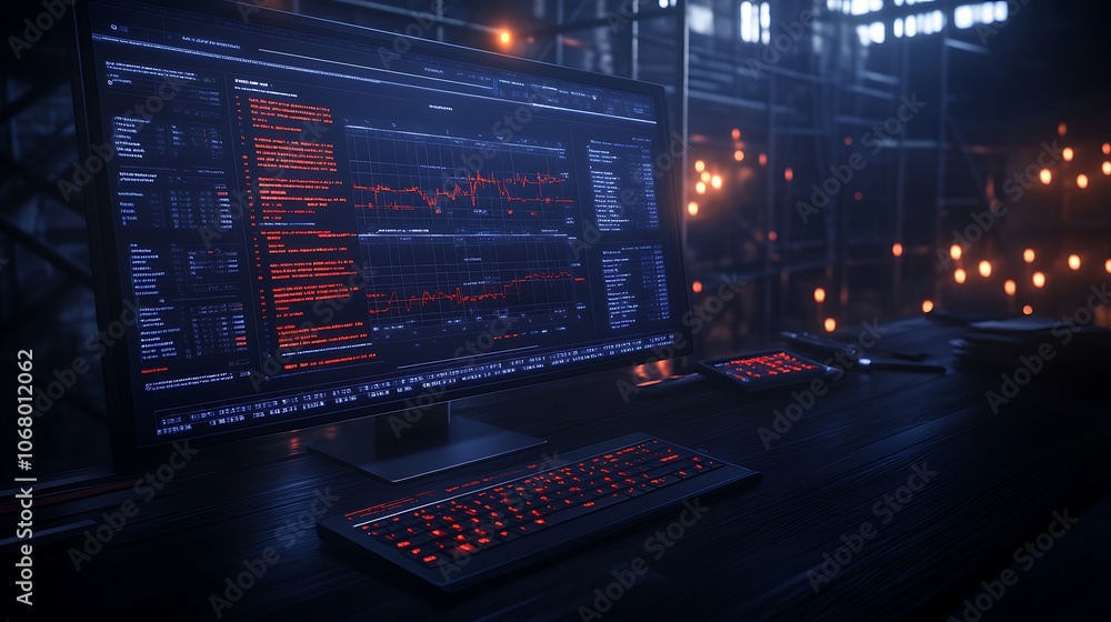 Poster A high-tech workspace featuring a dark monitor displaying colorful code, illuminated keyboards, and a moody background ambiance.