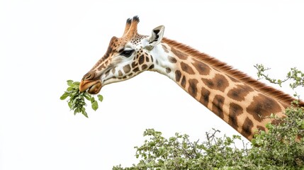 Obraz premium A tall giraffe with its long neck outstretched, eating leaves from a tree, isolated on a white background