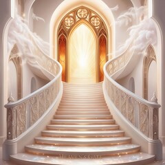 A person reaching the heavenly gates, symbolizing triumph and success, bathed in light and surrounded by clouds, capturing a moment of spiritual achievement and fulfillment.