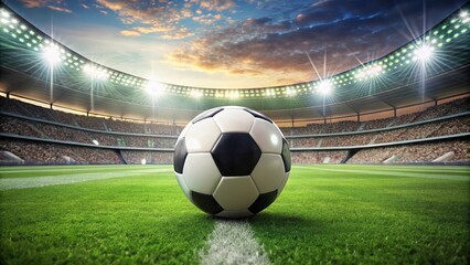 A single soccer ball rests on the green turf of an empty stadium awaiting the thrill of competition.