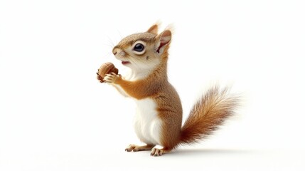 Obraz premium A tiny squirrel standing on its hind legs, holding an acorn, isolated on a white background