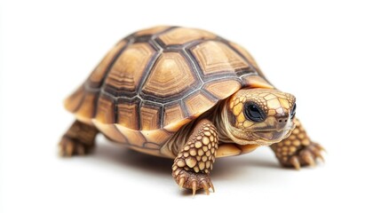 Obraz premium A tiny tortoise slowly making its way forward, isolated on a white background