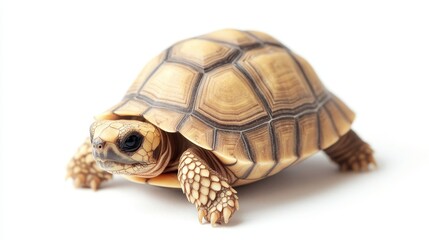 Obraz premium A tiny tortoise slowly making its way forward, isolated on a white background