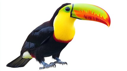 A toucan perched with its large colorful beak, isolated on a white background