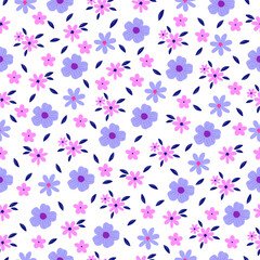 Seamless pattern with small flowers on white background. Hand drawn floral pattern for your fabric, summer background, wallpaper, backdrop, textile. Vector illustration