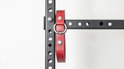 A weightlifting belt hanging from a gym rack, isolated on a white background