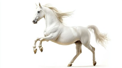 A white stallion rearing up on its hind legs, isolated on a white background