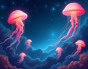 Fototapeta premium Creatures Floating in Space, Mysterious Life Forms Drifting Among Stars and Galaxies