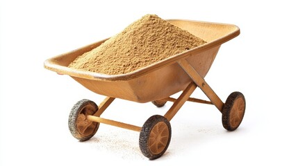 A wheelbarrow filled with sand, ready for transport, isolated on a white background