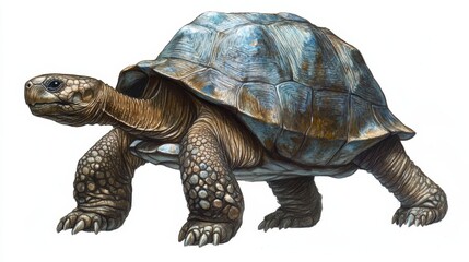 Obraz premium A wise old tortoise walking slowly with a textured shell, isolated on a white background