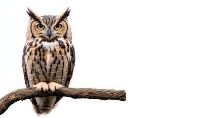 Naklejka premium A wise owl perched on a branch, staring intently with large eyes, isolated on a white background