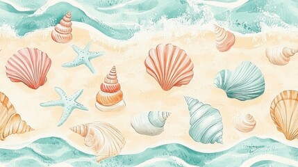 Watercolor illustration of seashells and starfish on a sandy beach with turquoise waves.