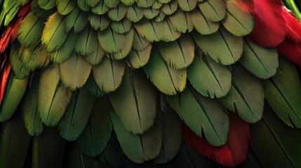 Fototapeta premium Vibrant parrot feather texture showcasing rich green and red hues, intricate patterns, nature's vivid artistry, tropical essence