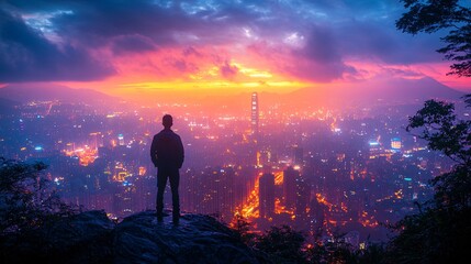 Fototapeta premium Silhouetted Man at Mountaintop During Early Morning