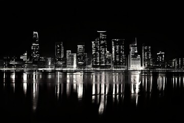 city reflections at night a black and white photograph of a city