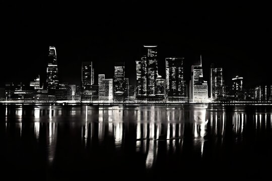 Fototapeta city reflections at night a black and white photograph of a city