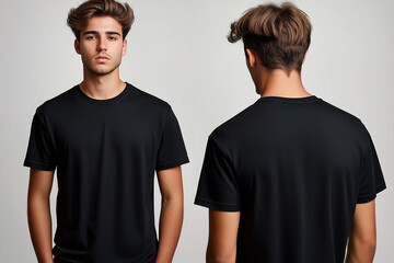 Black blank t-shirt mockup, front and back of the shirt with no text or graphics on it, male model facing forward.

