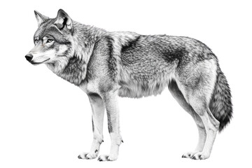 Fototapeta premium A Grey Wolf Stands on a Black Background, Its Fur Looks Transparent
