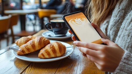 hands of a woman holding a cell phone with a white screen on a table in a bakery with bread on the table
