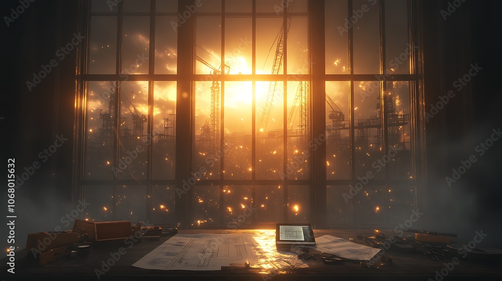 Aufkleber a dimly lit room with a view of a fiery sunset through a large window, creating an atmospheric, post