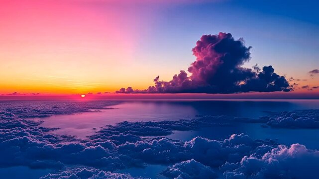 Aerial timelapse of vibrant sunset transitioning into night over clouds and ocean horizon. Sky landscape concept