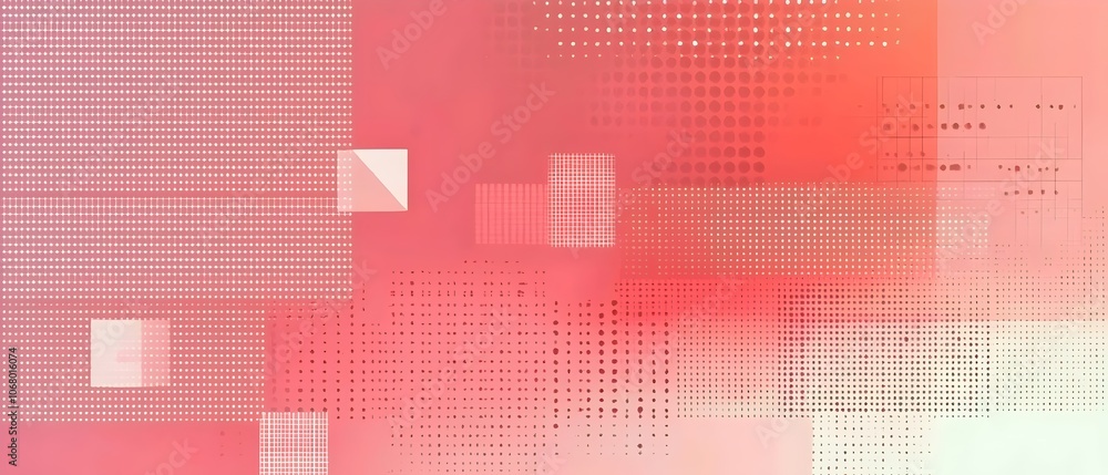 Poster an abstract composition featuring geometric shapes and patterns in shades of red and pink, creating 