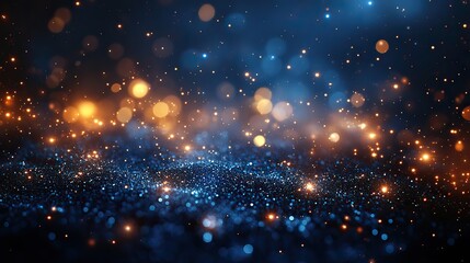 Fototapeta premium Abstract dark navy blue glitter lights create a festive bokeh effect, set against a starry sky, making it a perfect backdrop for winter events, Christmas holidays, or evening celebrations.