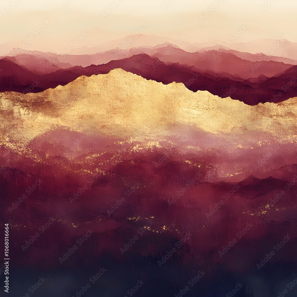 Aufkleber abstract landscape artwork featuring layers of deep reds and golds, creating a serene and evocative 