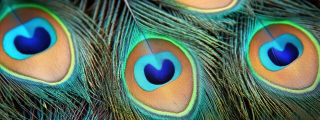 Obraz premium Vibrant Peacock Feather Texture, Rich blue and green eyespots create a striking visual display, evoking nature's beauty and elegance.