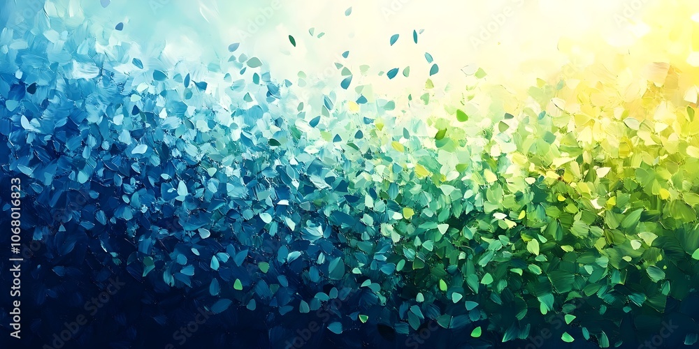 Poster an abstract representation of vibrant leaves in shades of green and blue, creating a serene and calm