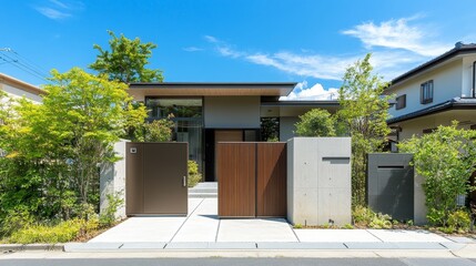 Modern home entrance with landscaped garden and contemporary design.