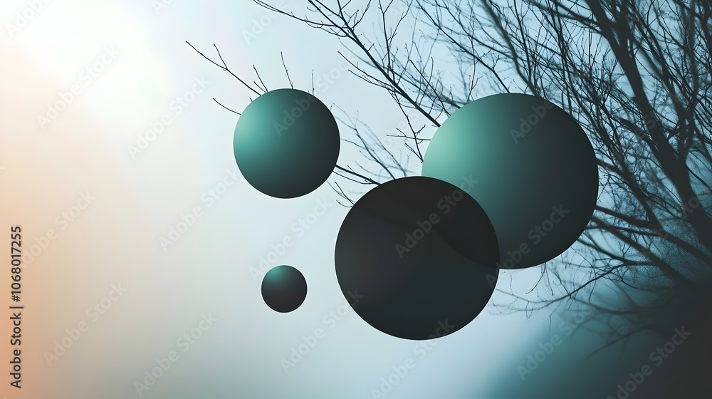 Poster an artistic depiction featuring floating spheres in a misty atmosphere, contrasted by the bare branc