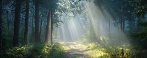 Obraz premium A misty forest path with sunlight streaming through the tall trees