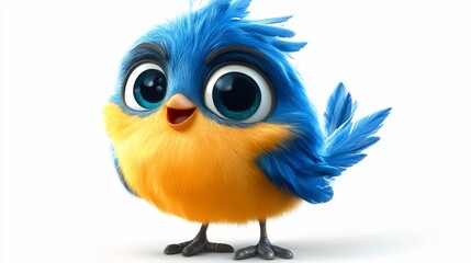 Fototapeta premium A cute cartoon bluebird with large eyes and a yellow chest stands against a white background.