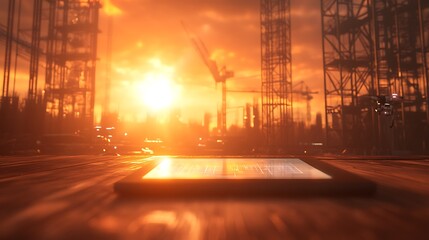 A peaceful sunset over a construction site, showcasing a tablet resting on wood, highlighting the intersection of nature and technology.