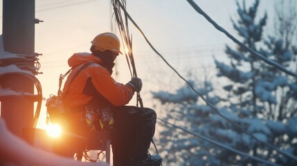 Fototapeta premium Electrician working on a power line in winter