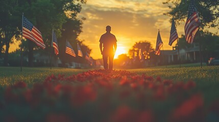 Obraz premium American flags waving on Memorial Day, celebrating patriotism and national identity during holidays.