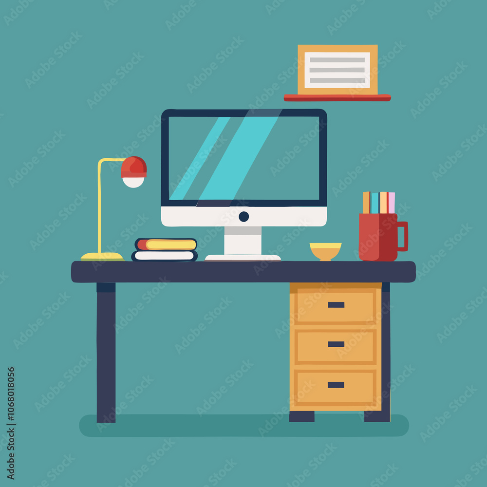 Poster desk with computer