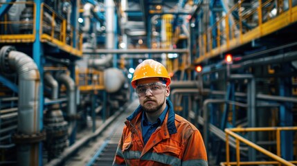 A Focused Industrial Worker in Safety Gear Amidst Complex Machinery and Equipment Operations