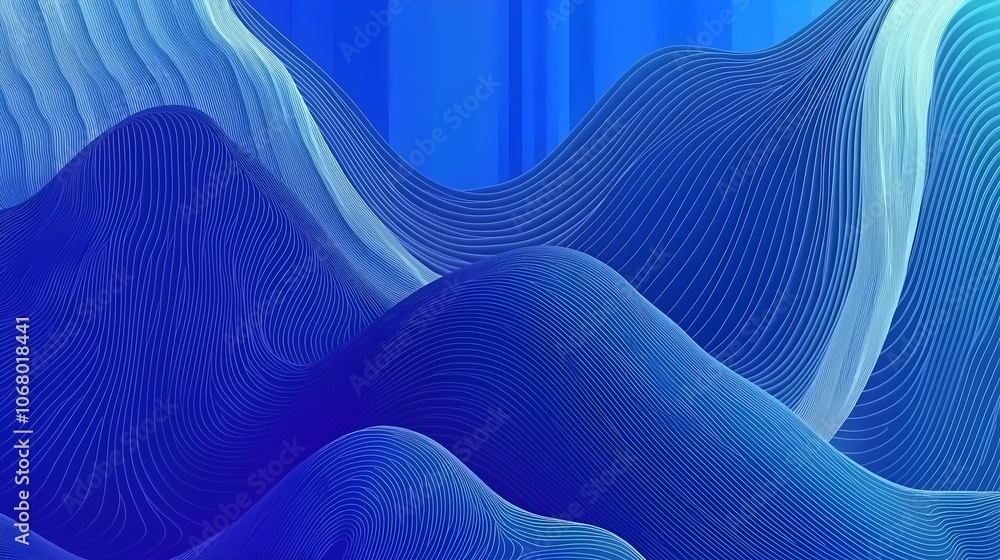 Poster an abstract digital design featuring flowing waves in various shades of blue, creating a serene and 