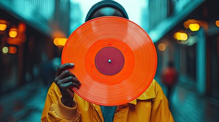 An African American hand holding a vinyl record, evoking 80s and 90s nostalgia in a retro music theme.