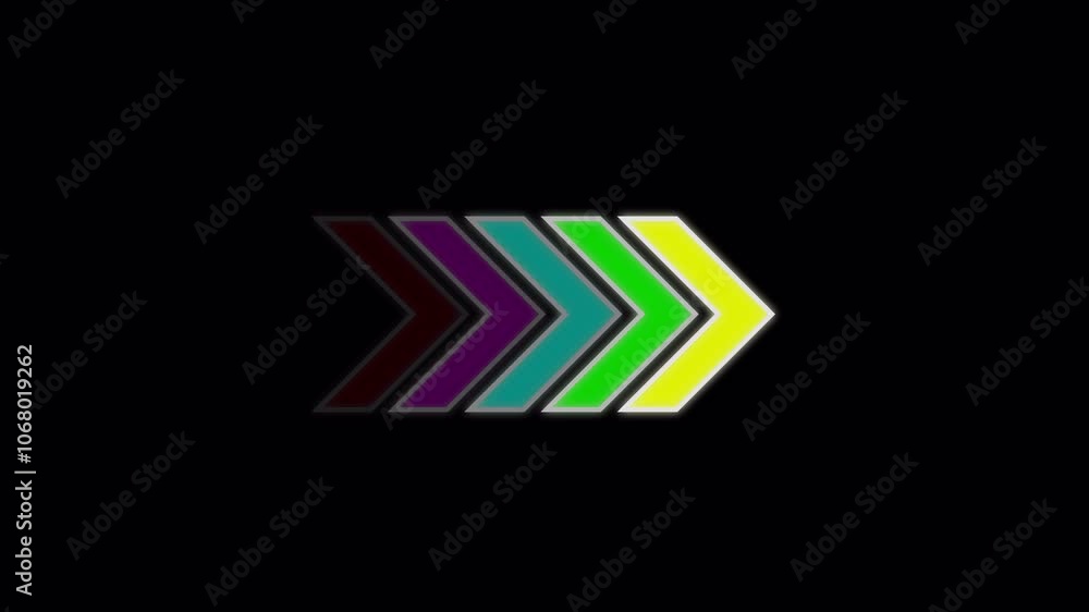 Poster colorful arrows right direction and swipe up arrow animation on black background, abstract set of gl